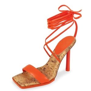 Orange Vegan Leather Quilt Ankle Wrap Square High Heel Sandals